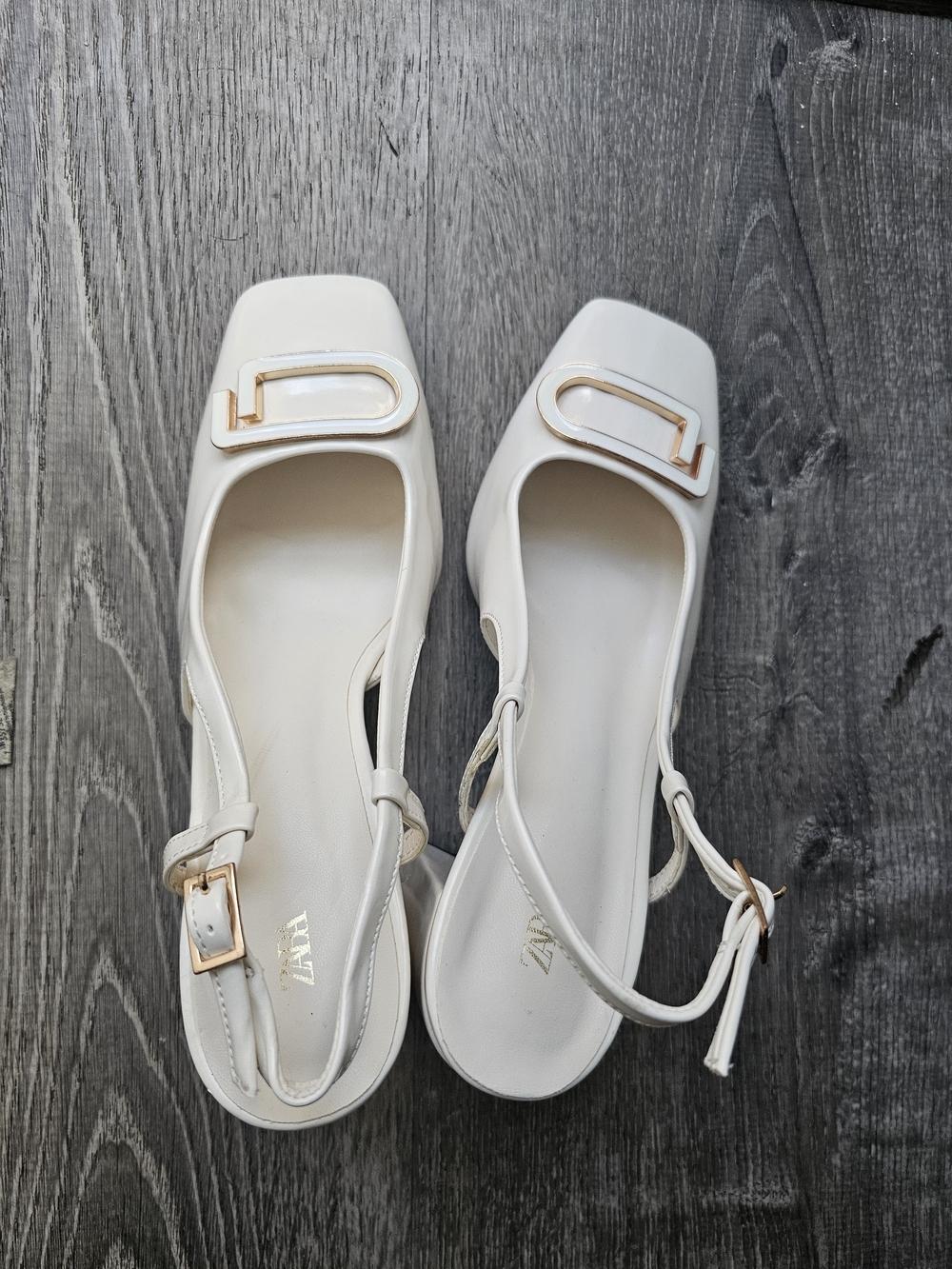 Zara Cream Square-Toe Slingback Flats with Gold Accent
